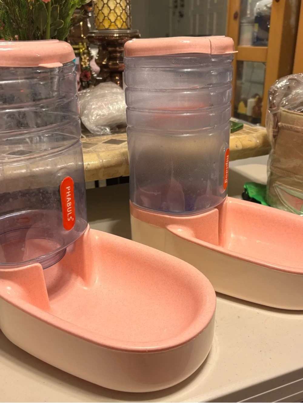 Pink Self-Dispensing Pet Water/Food Fountain Pair used see comments. 15.00